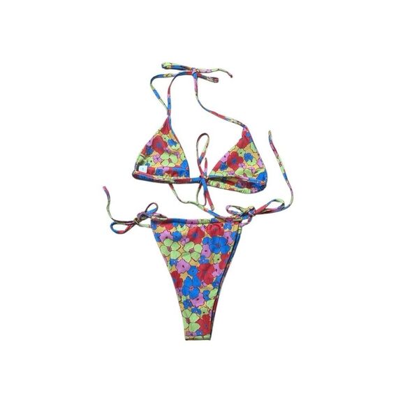 Triangle Cheeky Bright Floral Print Bikini Large Multicolor - Picture 6 of 6